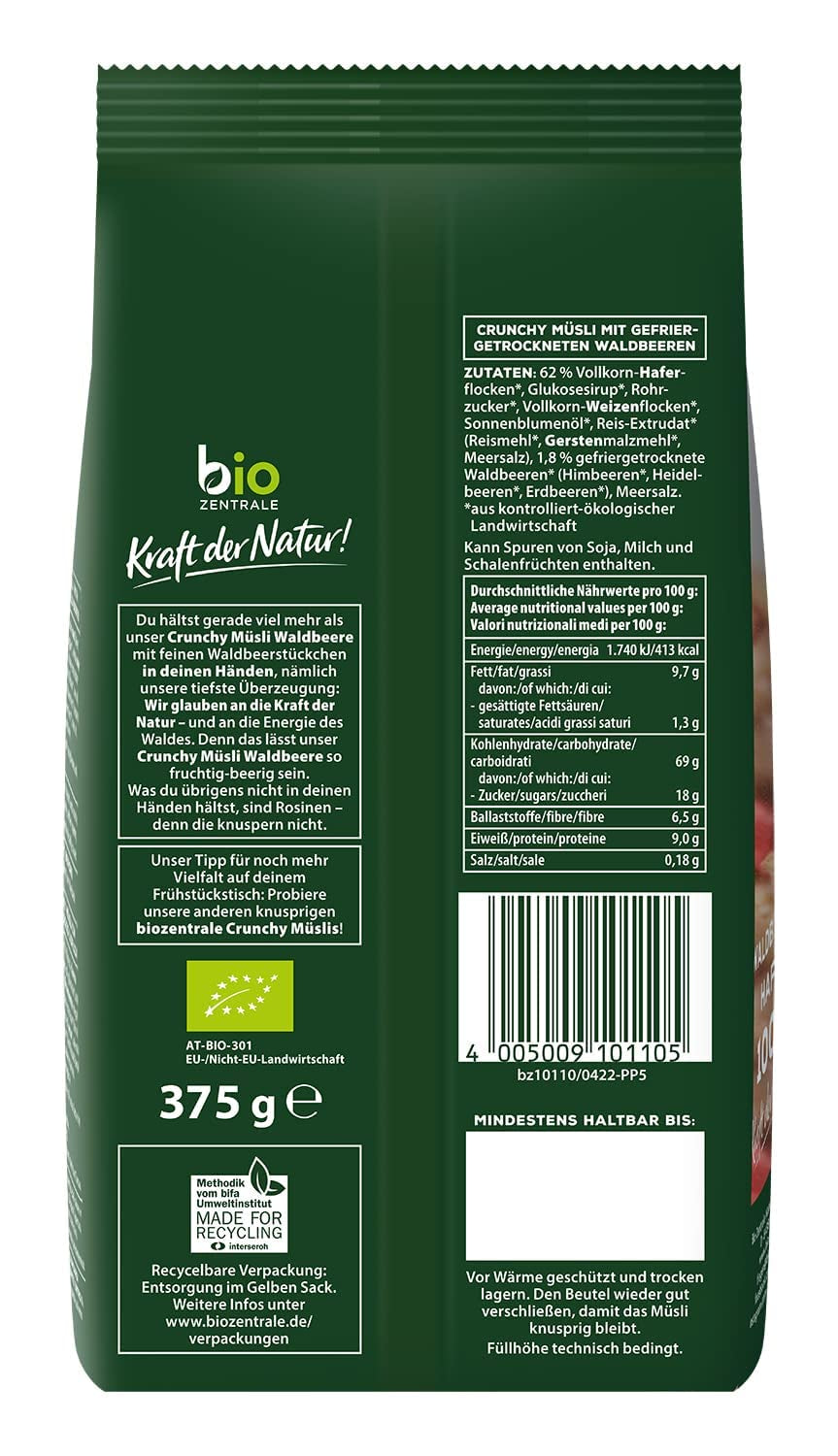 Sprød müsli med bær Biozentrale | 375 g økologisk müsli | Ideel til morgenmad og din kop takeaway müsli | Et alternativ til müslibarer