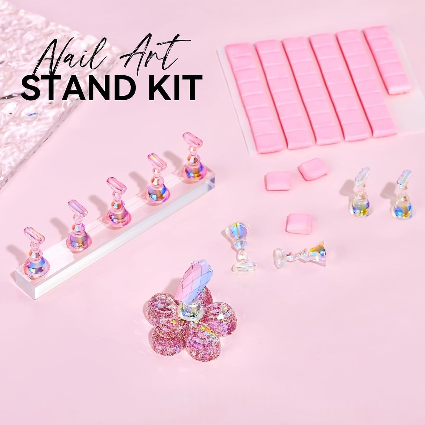 Makartt Akryl negleholder, magnetisk negleholder, negleholder, transparent pink negleholder med 48 klæbende kit