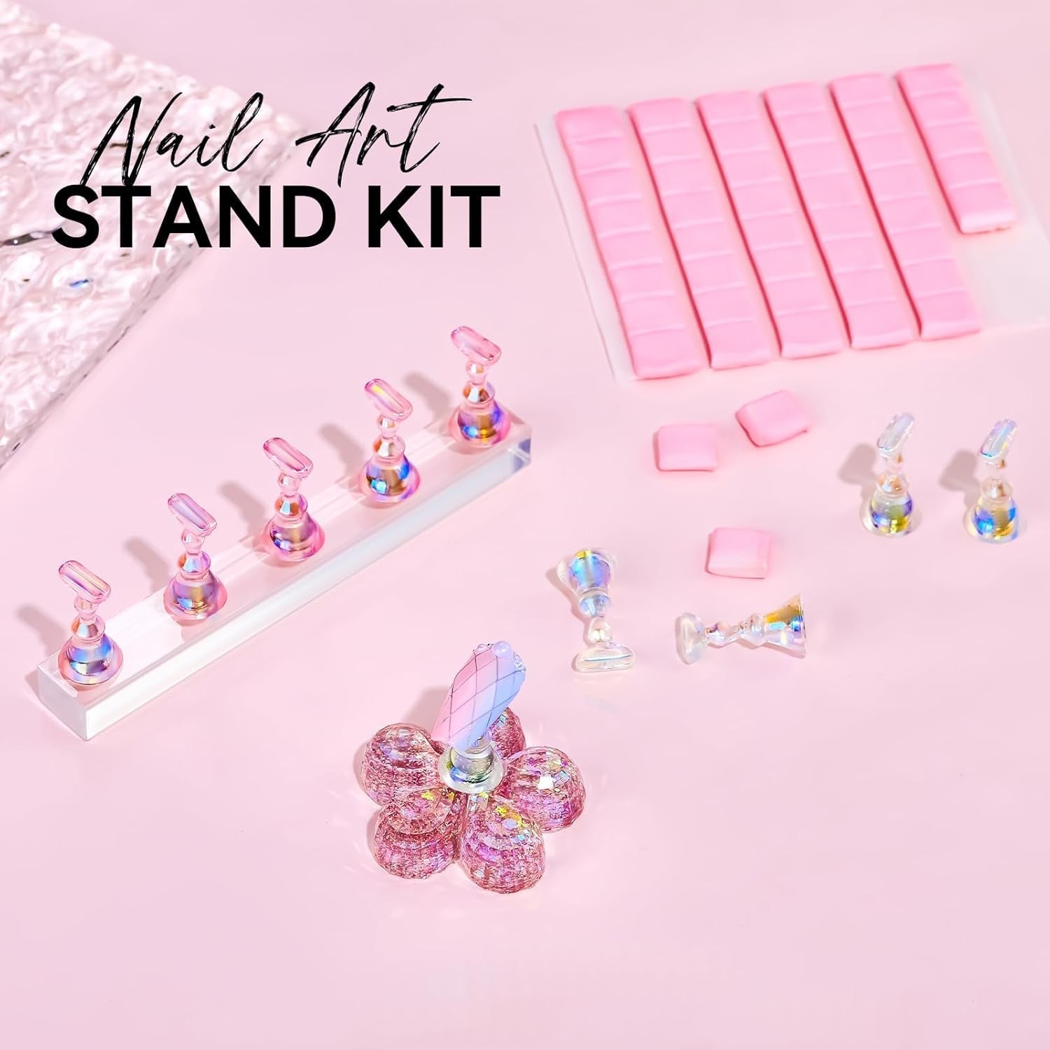 Makartt Akryl negleholder, magnetisk negleholder, negleholder, transparent pink negleholder med 48 klæbende kit