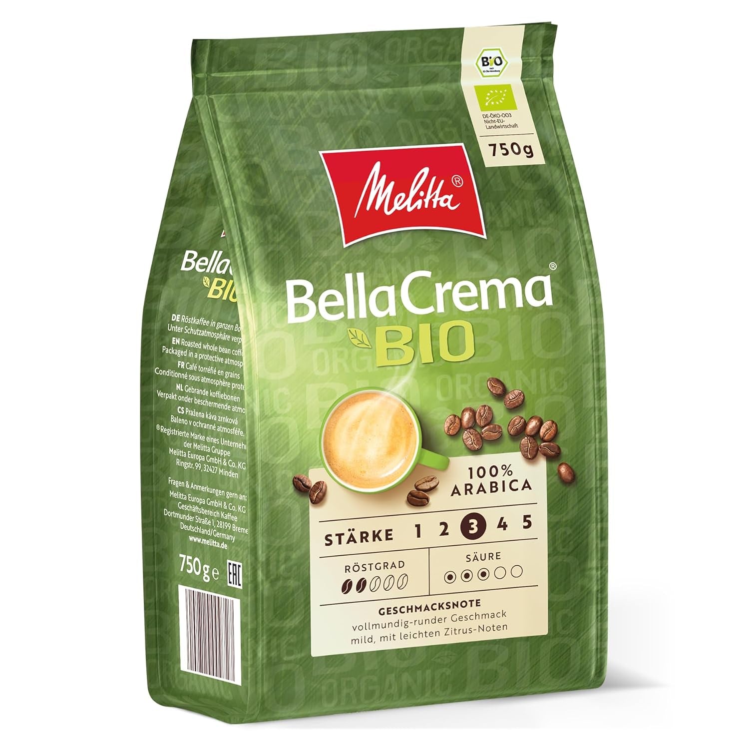 Melitta BellaCrema Økologiske hele kaffebønner, uformede, kaffebønner til automatiske kaffemaskiner, let ristet, ristet i Tyskland, styrke 3, 750 g