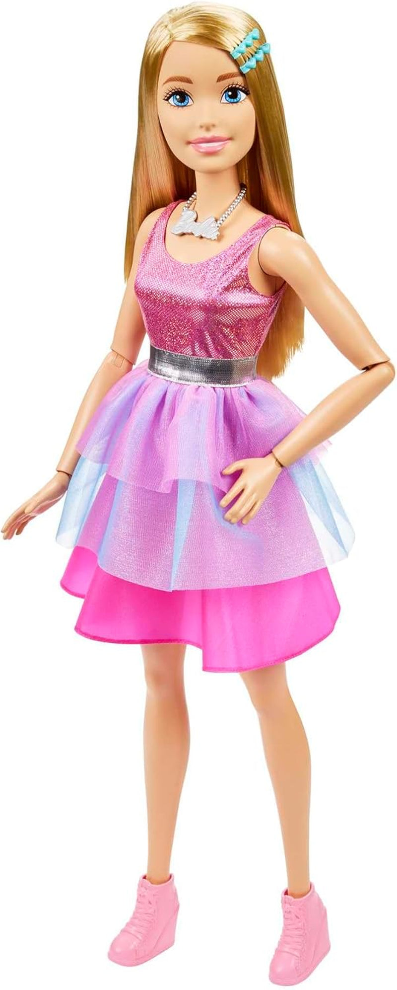 Barbie ekstra stor dukke (71 cm) - Pink kjole, blond hår med hårspænde og halskæde, gave til børn 3+, HJY02 Naty Shop Dolls Standardtitel