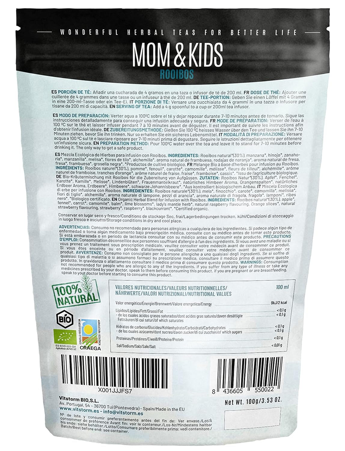 VITSTORM® BIO TEE Mom & Kids - Te til kvinder og ammende - Rooibos, æble, fennikel, citronmelisse, alchemilla, jordbær - Afslappende te - Frugtagtig og lækker - Koffeinfri - Urtete 100 g