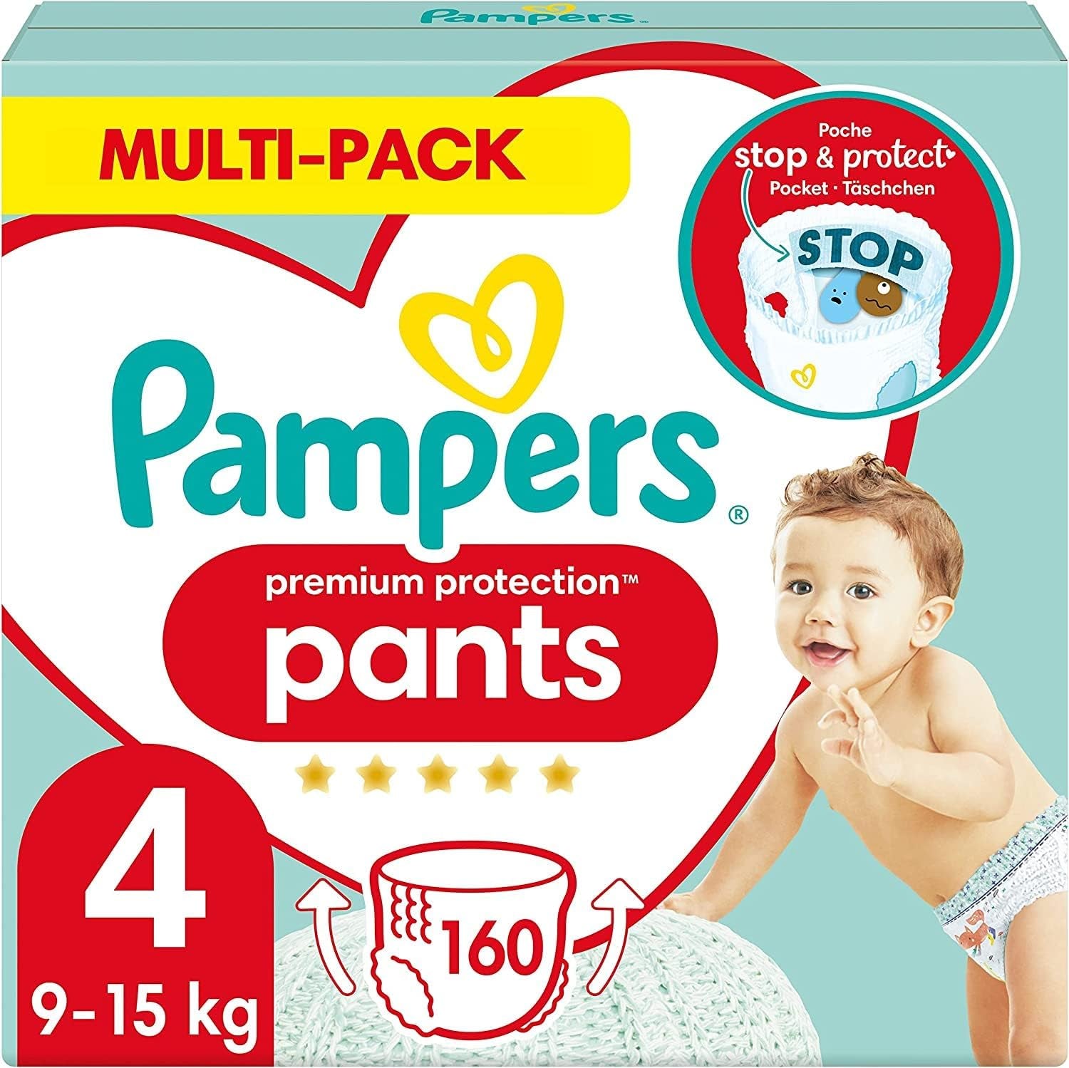 Pampers Premium Protection Pants str. 5, 144 bleer, 11 kg - 17 kg, med 360° justering og bløde anti-lækage manchetter for optimal komfort og beskyttelse
