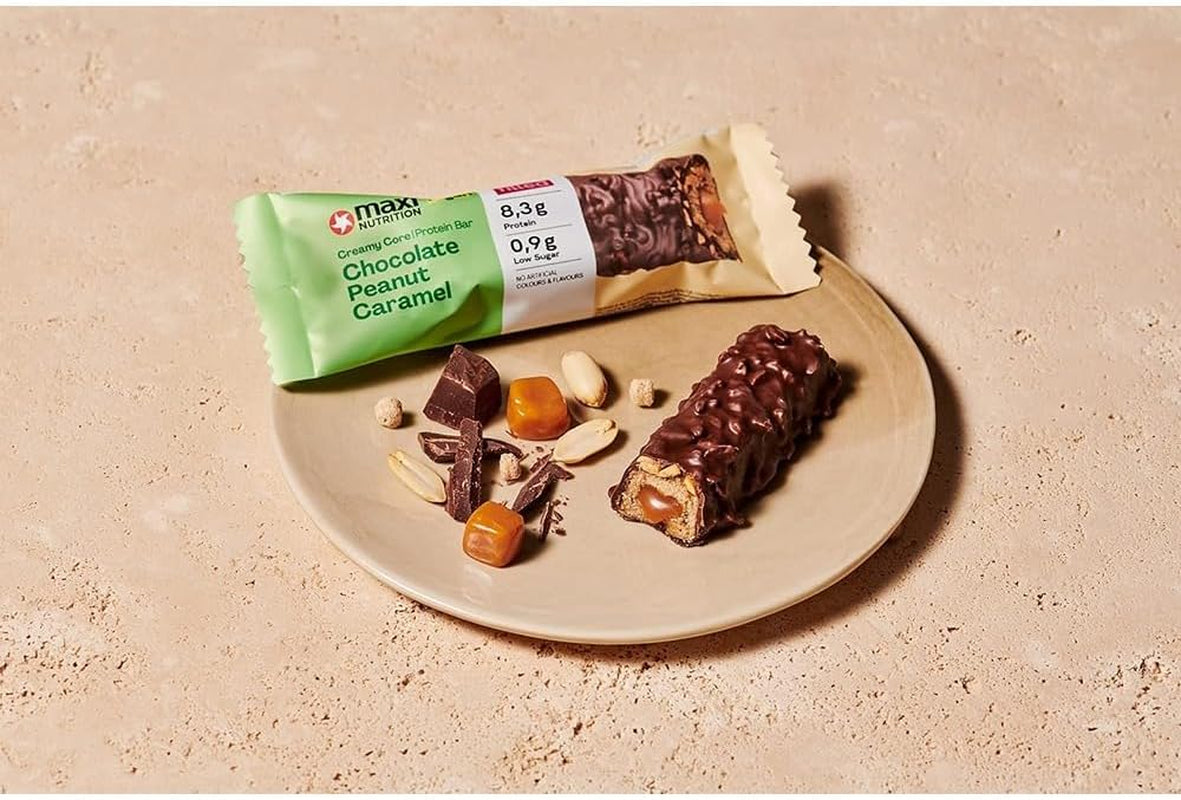 MaxiNutrition Cremet vegansk proteinbar med chokolade, peanuts og karamel 12x45g - vegansk proteinbar, 18% protein, 8,3g pr. bar, lavt sukkerindhold (0,9g), uden tilsat sukker, ingen kunstige smagsstoffer
