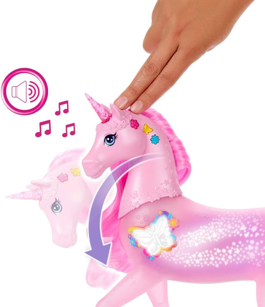 Barbie-glød-i-mørke-enhjørning med 20 interaktive kombinationer af lys, lyd og musikeffekter til tryk-knap- og hovedstrøg, JCP78