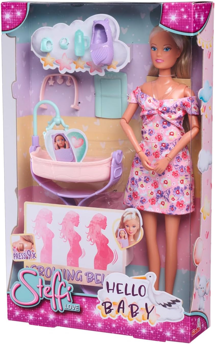 Simba 105733680 Steffi Love Doll Hello Baby (29 cm) - Gravid dukke med voksende mave, babydukke og tilbehør - Legetøj til børn, piger og drenge fra 3 år