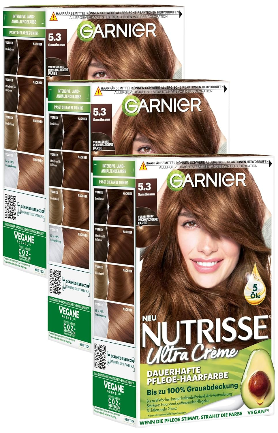 Garnier Nutrisse Permanent Care Hårfarve med nærende frugtolier 8 Week Hold Color Ultra Crème Tint 053 Velvet Brown (pakke med 3) Naty Shop Hårfarve Standardtitel