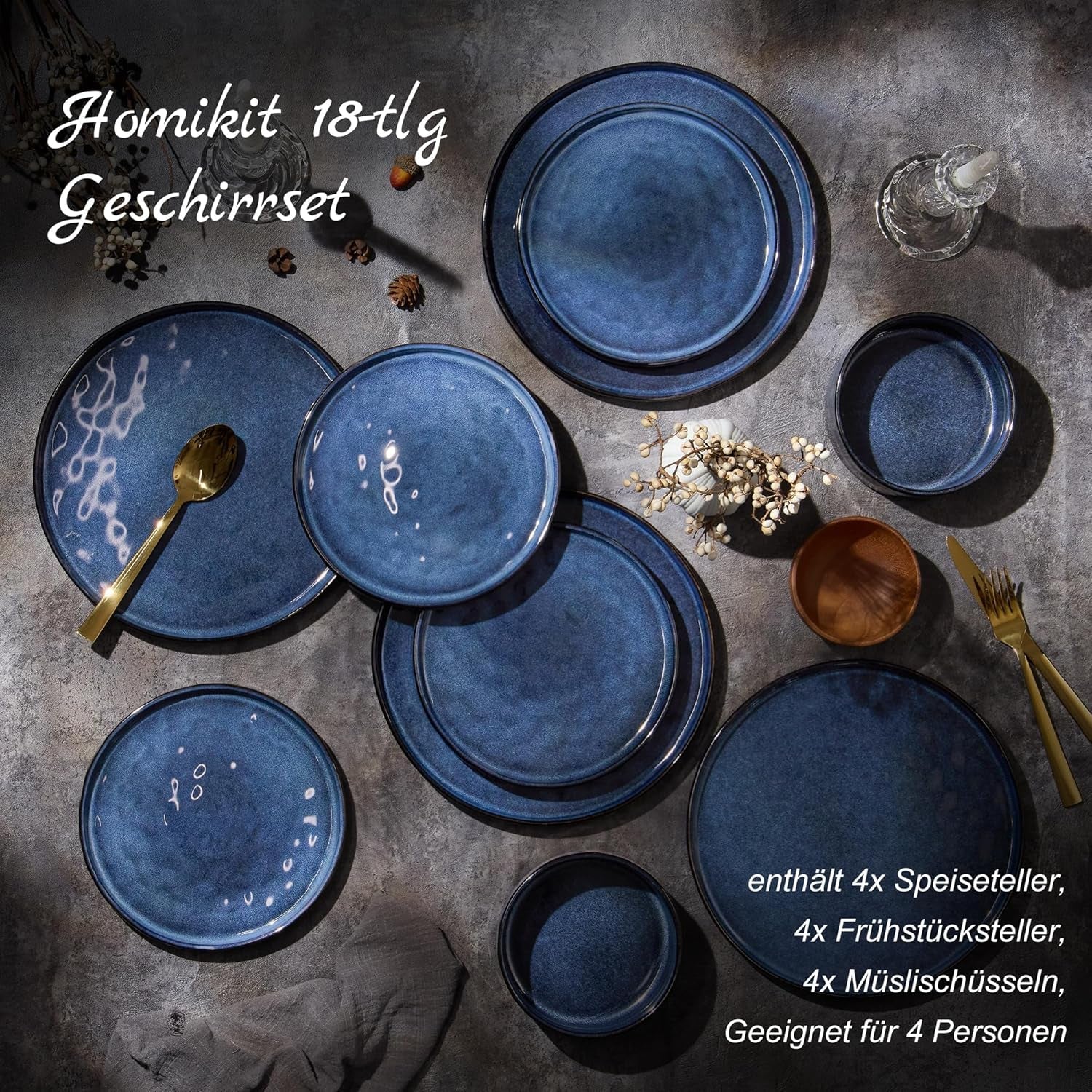 Homikit porcelænssæt, 12-delt porcelænssæt til 4, middagsservicekombination med tallerkener, desserttallerkener og kornskåle, tåler mikroovn og opvaskemaskine, elegant blå