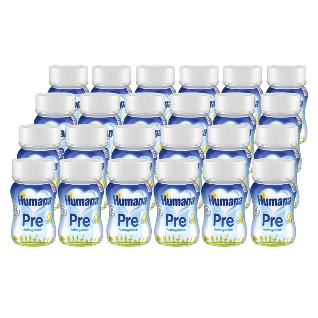 Humana Initial Milk Drikkeklar, fra fødslen, Drikkeklar mælk til spædbørn, Ud over modermælk eller som enkelt formad, Babymad kun med DHA og laktose, 24 x 90 ml Naty Shop
