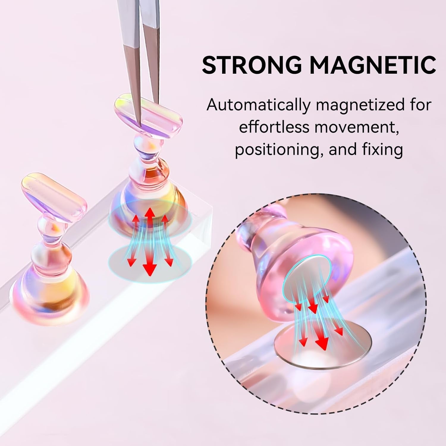 Makartt Akryl negleholder, magnetisk negleholder, negleholder, transparent pink negleholder med 48 klæbende kit