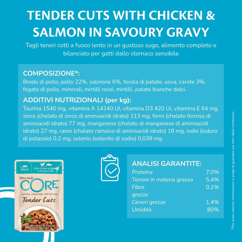 Wellness CORE Tender Cuts 6 x 85g, Kylling Selection Mix - Vådfoder til katte, møre stykker i sauce, kornfri, naturlig, hypoallergen, rig på protein, højt kødindhold