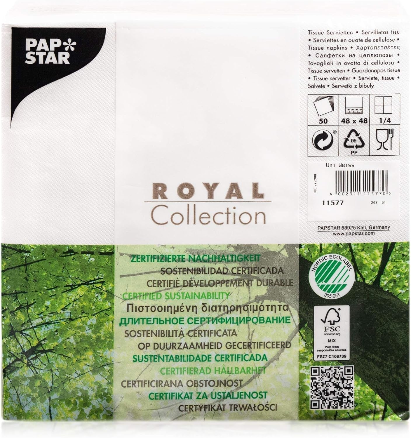 Papstar, 50 servietter "ROYAL Collection" 1/4 gange 48 Cm X 48 Cm Hvid, #11577