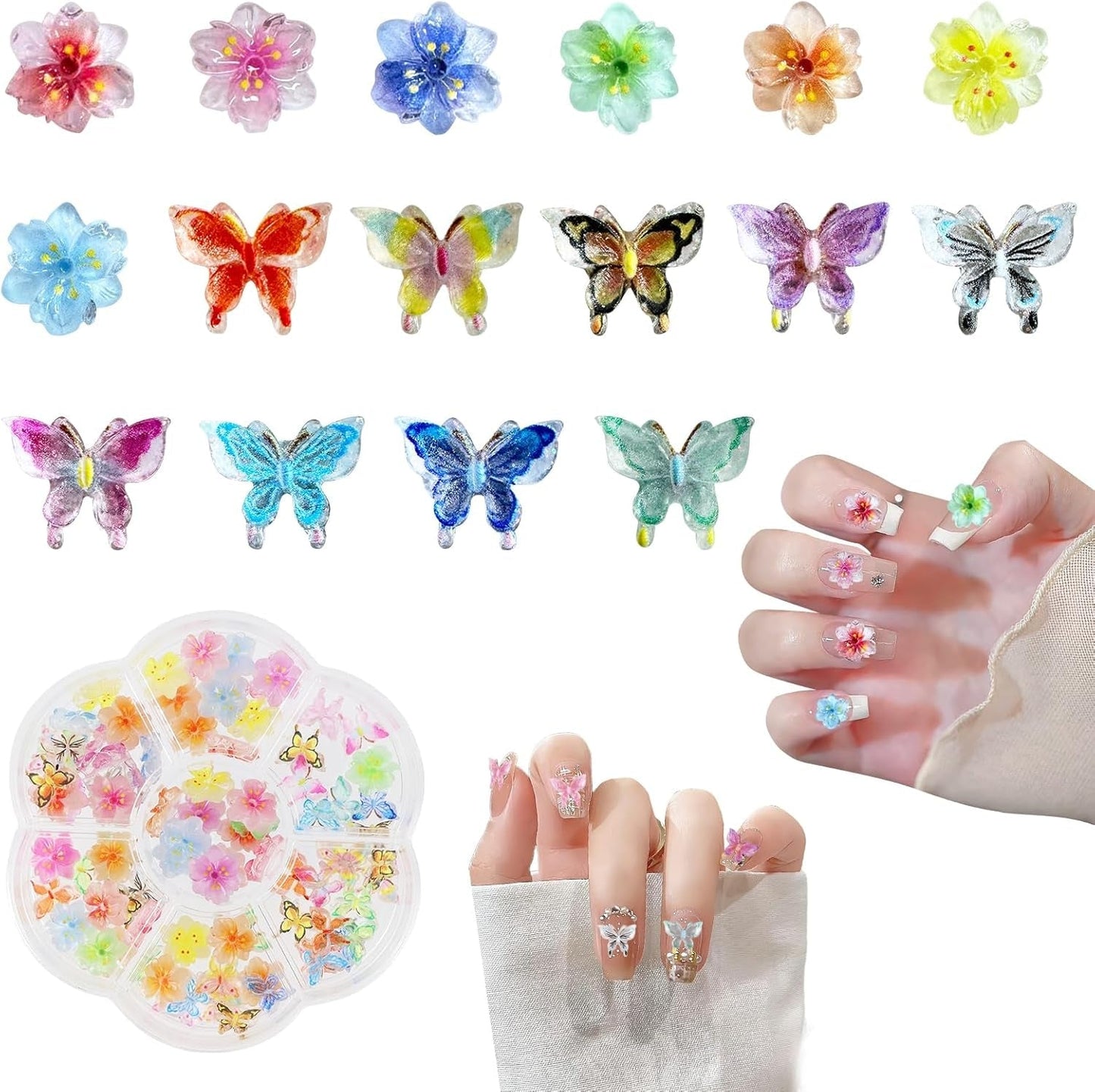 YICH Nail Charms Nägel Charms 50 Stk 3D Blomster + 50 Stk 3D Schmetterling, Sommer Nägel Deko Sæt Schmetterling/Flowers Nail Art Nailart