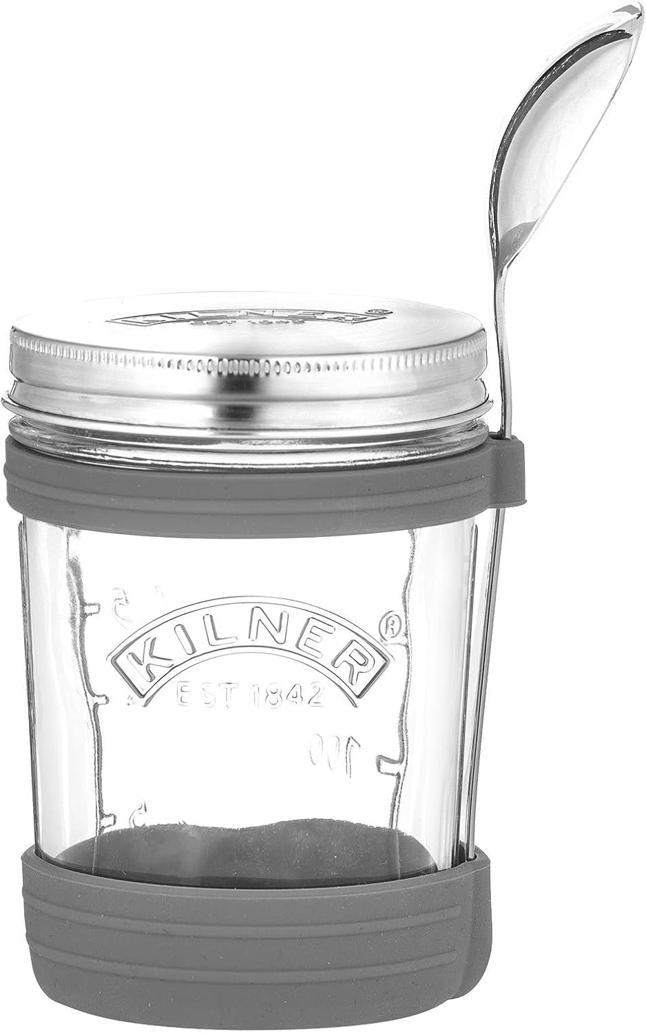 Kilner morgenmadskrukke med ske / 350 ml, Ø 9,5 cm / 5 stk | takeaway müsli kop / giftfri / glasbeholder med låg til müsli, grød og yoghurt / overnight havre beholder Mad Opbevaringsbokse Naty Shop Suppe Cup
