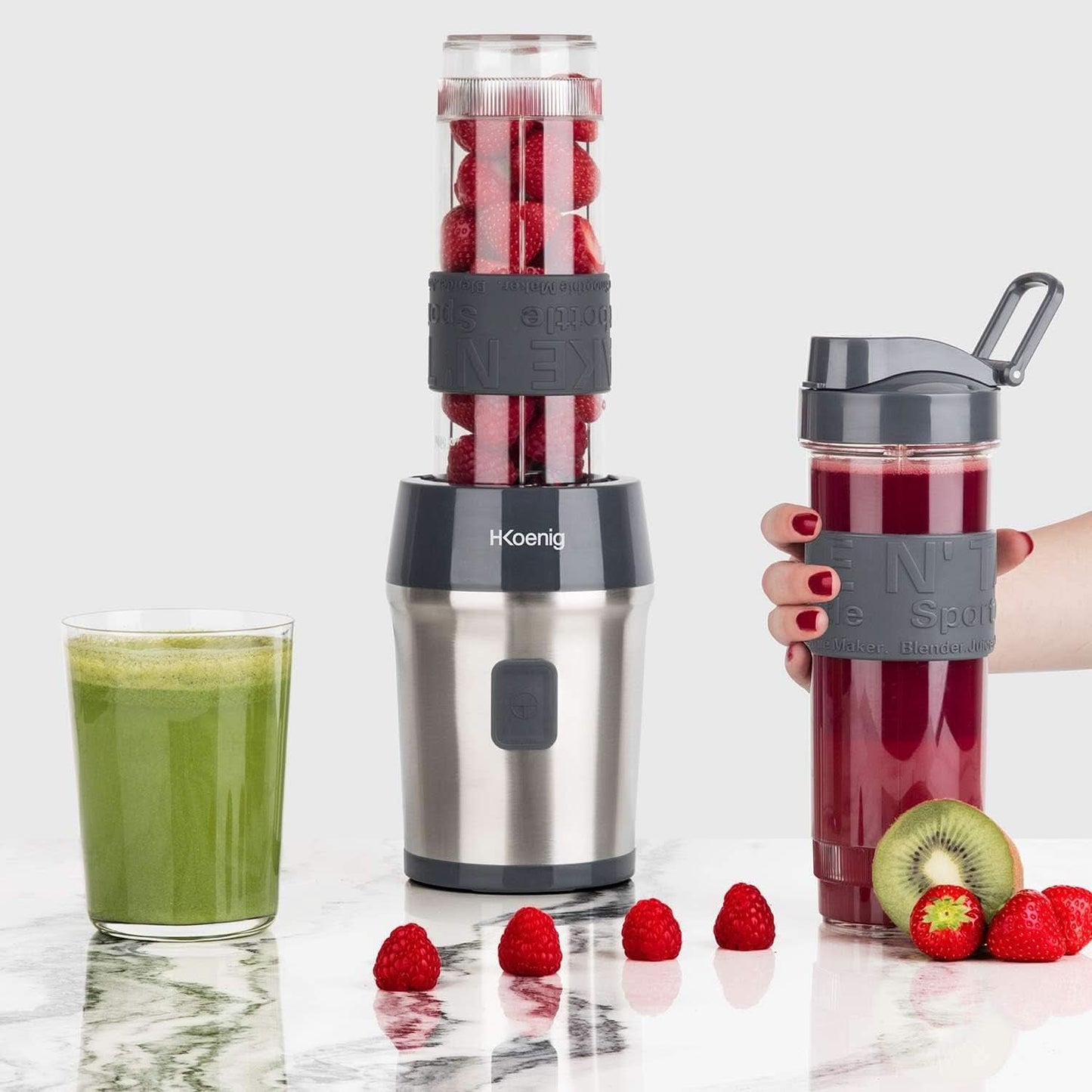 H.Koenig Smoothie Maker SMOO9 - Mini Standmixer - Mini Blender - 300 Watt - 570 Ml - Edelstahl - 2 Kunststoffflaschen - Bpa-Frei, Grau Kitchen Naty Shop
