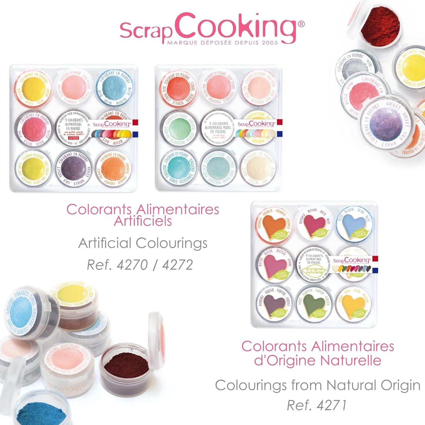 Scrapcooking - Sæt med 9 pastelfarver - blå, gul, koral, pink, turkis, limegrøn, hvid, aquagrøn, pulverrosa - spiseligt farvepulver til kager, muffins, macarons - 4272