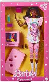 Barbie Rewind - 80'er stil nostalgisk samlerfigur med lækkert hår og outfit, Inkluderer TV, popcorn og telefon, til fans og samlere, HJX19
