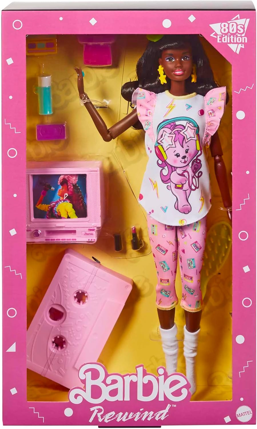 Barbie Rewind - 80'er stil nostalgisk samlerfigur med lækkert hår og outfit, Inkluderer TV, popcorn og telefon, til fans og samlere, HJX19