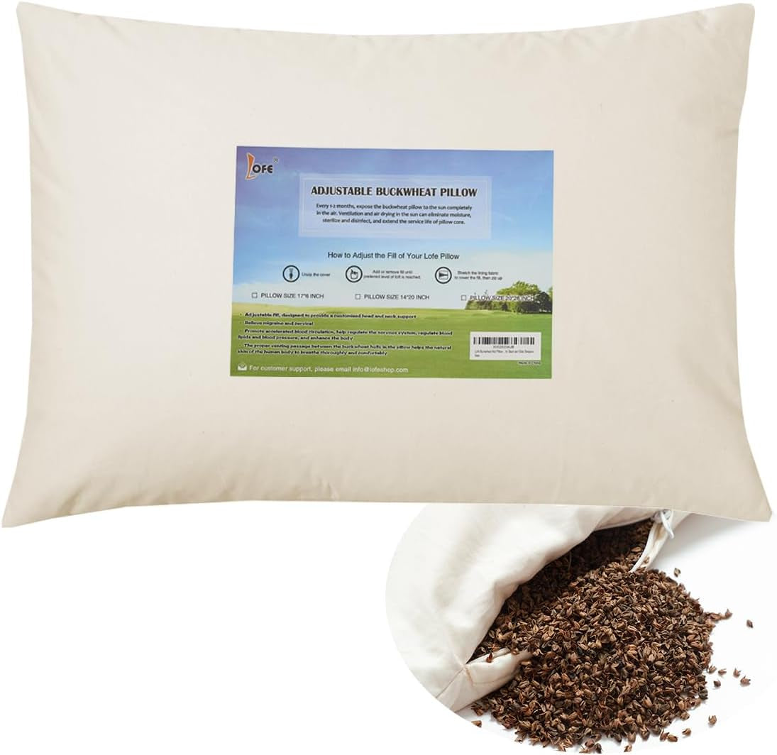 LOFE Økologisk Boghvede Sovepude 35,6 X 50,8 cm Justerbar åndbar Cool Sleep Cervikal Støtte til Ryg- og Sidesveller (Tartarisk Boghvede Skrog) Naty Shop Standard Puder Cremefarve Japansk Størrelse (14X20 Tommer)