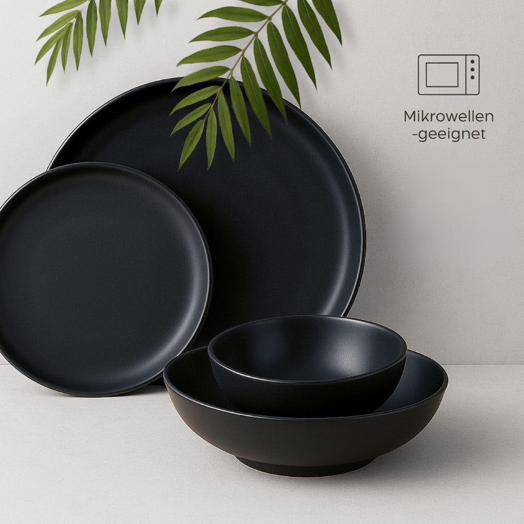 Stentøj tallerkensæt til 6 - mat sort 6 dele sæt store tallerkener til mikroovn Elegant design - Twinzee Ebony Collection