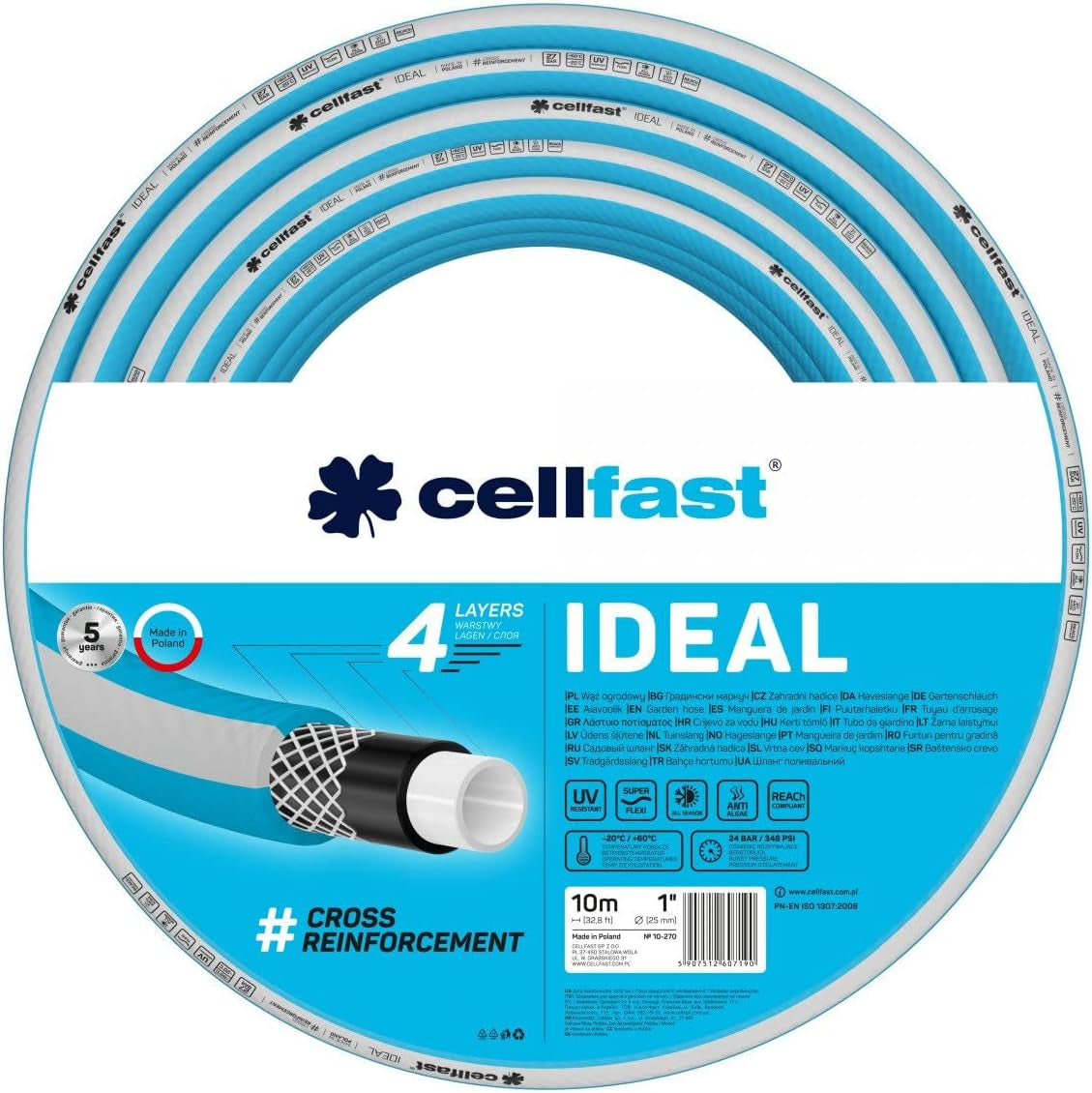 Haveslange Cellfast IDEAL, Holdbar, Fleksibel, 4 lag, Slidstærk krydsfletning, UV- og algebestandig, REACH-teknologi, 27 bar, -20/+60° kortsigtet 1", 10m