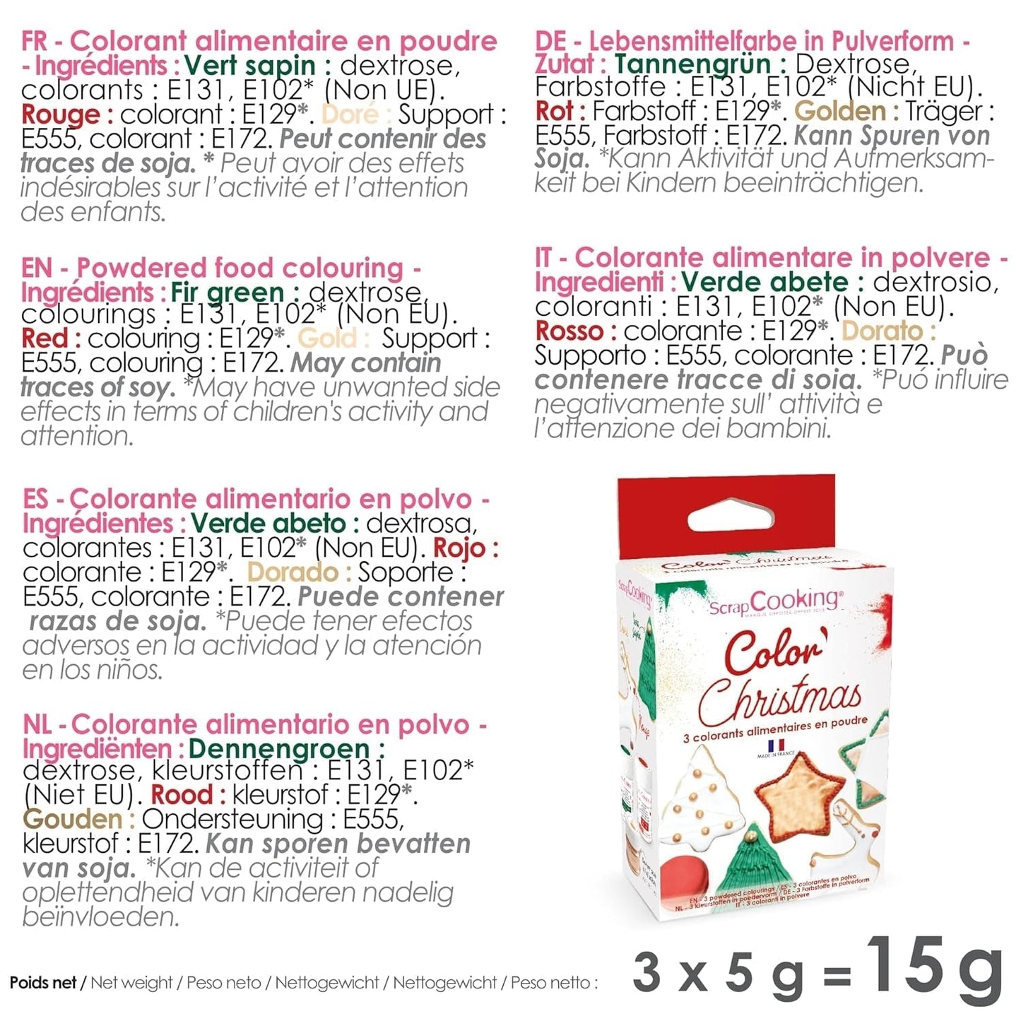 Scrapcooking - Sæt med 3 julemadsfarve i pulverform - rød, grøn, guld - spiselig madfarve til bagning, kager, småkager, kager, dej, fondant - julepynt - 4018