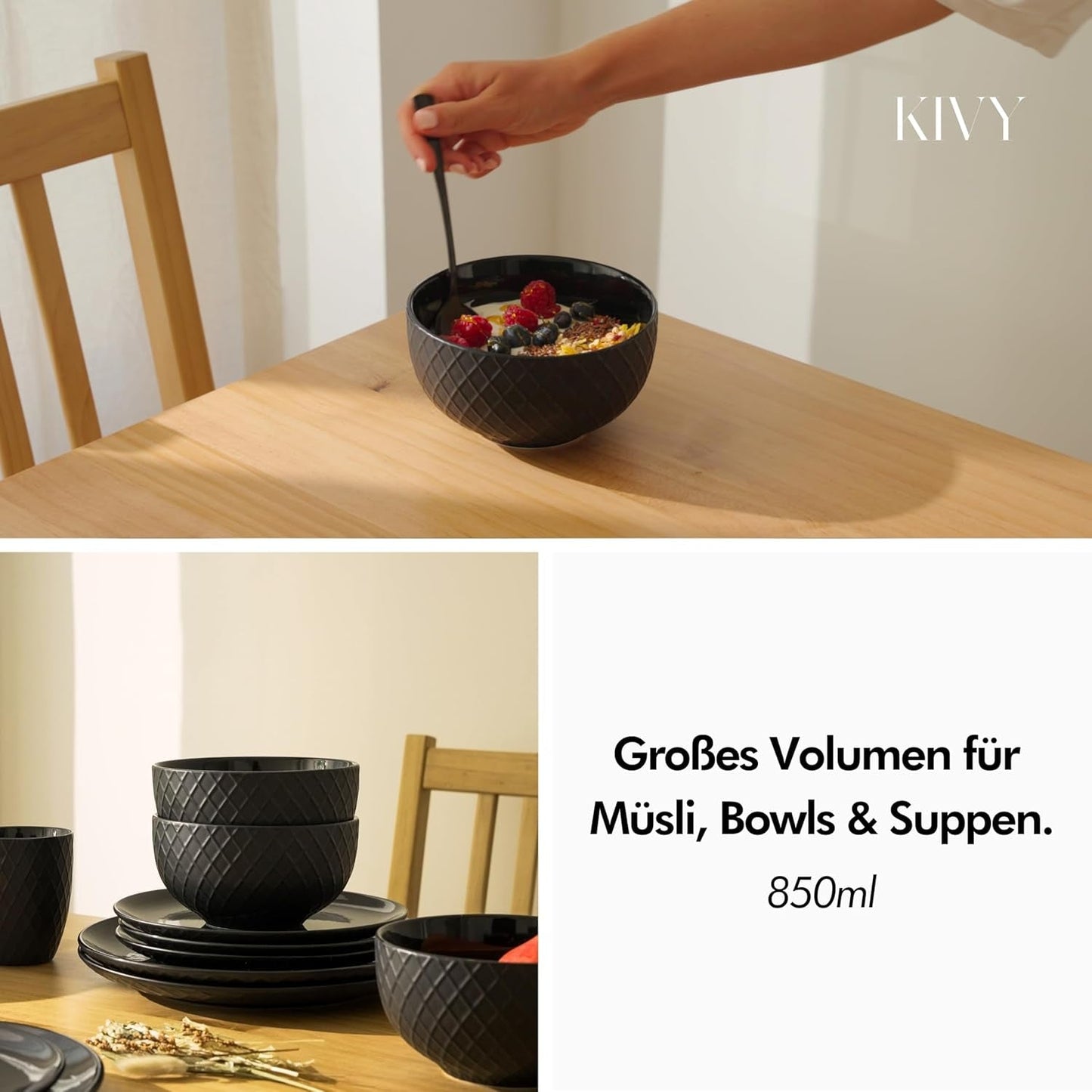 KIVY kornskålesæt - 6 x 850 ml - Store suppe- og grødskåle - Suppeskåle - skåle - kornskåle - suppeskåle - skålsæt - keramisk kornskåle (cremehvid, skåle)