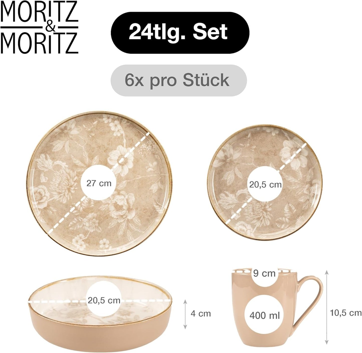 Moritz & Moritz MARIELLA 6-personers spisestel i stentøj i 24 dele - Moderne beige service med et legende design, letplejet kaffestel med tallerkener, skåle og kopper - Kombinationssæt