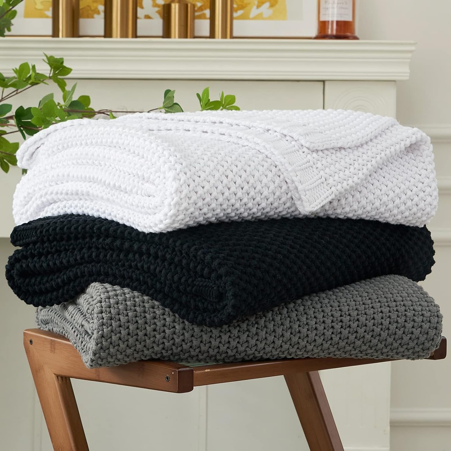 Chunky strik tæppe, Letvægts, Beige, 100% økologisk bomuld, Tæppe til sofa, sofa, seng, barn, børneværelse, Rustik, Shabby chic, Moderne bondehus, 152,4 X 203,2 cm, Inklusiv vaskepose Senge og tæpper Longhui sengetøj Sort 60"X80", overstørrelse
