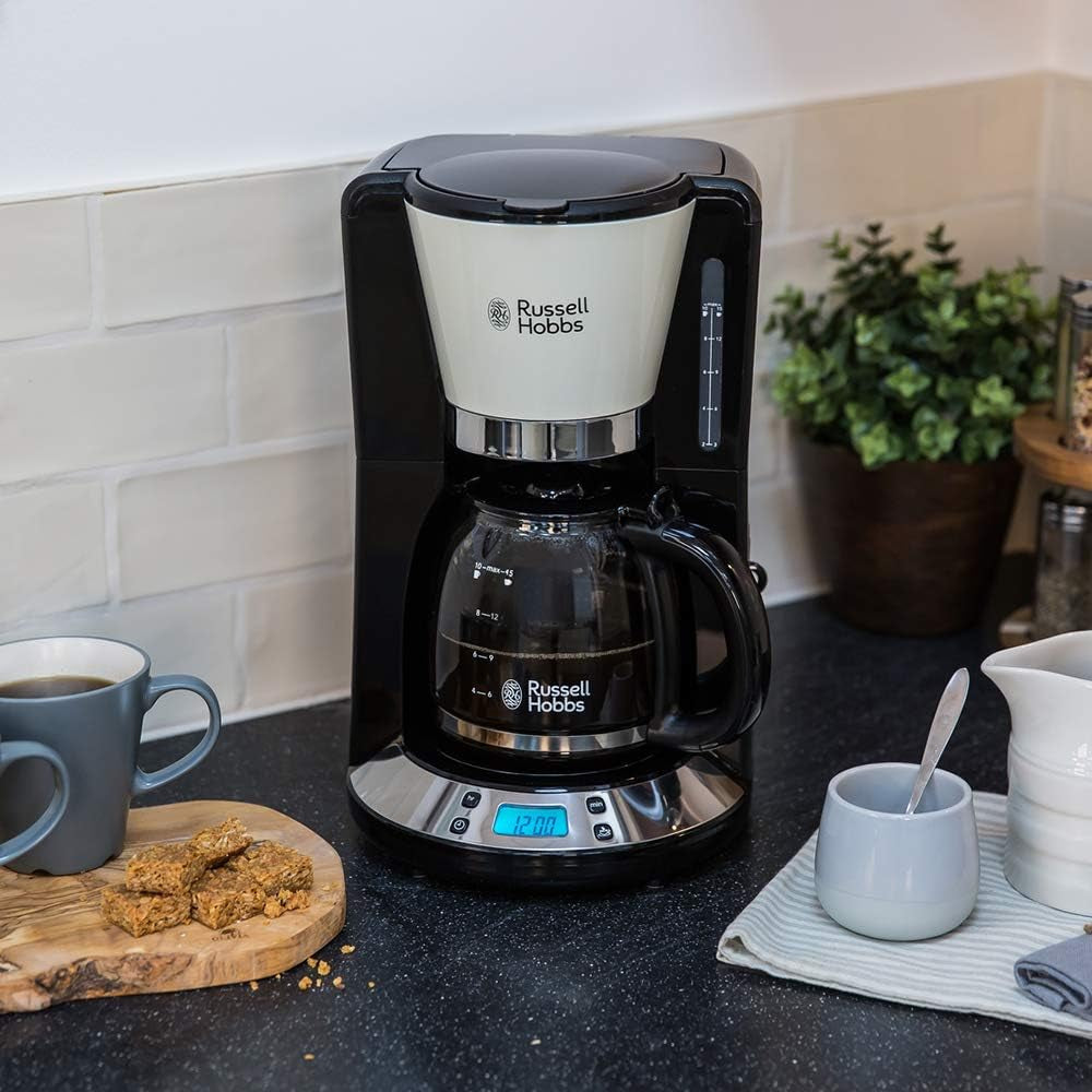Russell Hobbs kaffemaskine [Digital timer, brusehoved for optimal udsugning og aroma] Farver+ Creme (1 til 10 kopper, 1,25 L glaskaraffel, varmeplade, 1100W) Filterkaffemaskine 24033-56