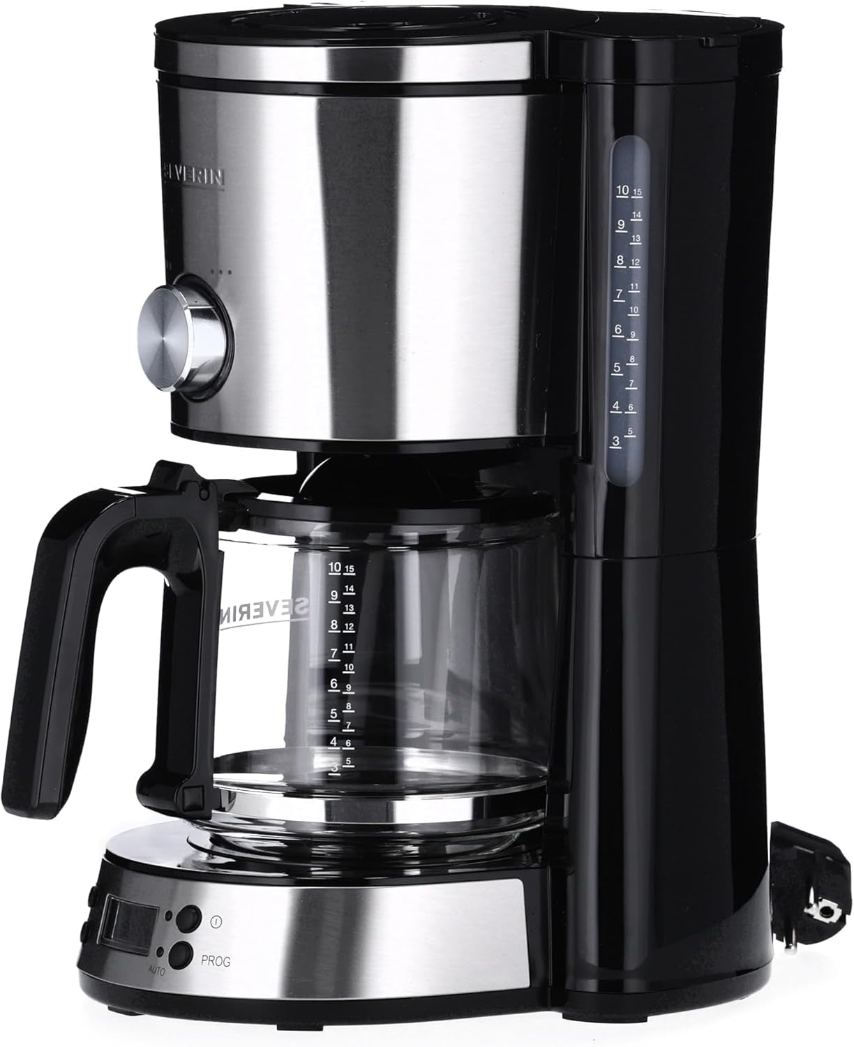 SEVERIN "TypeSwitch" espressomaskine med glaskaraffel og timer, AromaSwitch til valg af 2 bryggemuligheder, digitalt ur med timerfunktion, til op til 10 kopper, 1000W, børstet rustfrit stål-sort, KA 4826