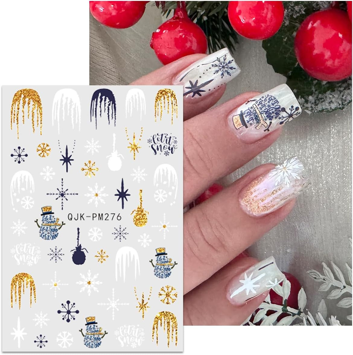 JMEOWIO Nagelsticker Weihnachten 10 Blatt Nail Art Sticker Selbstklebend Nagelaufkleber Glitter Schneeflocke Xmas Winter Urlaub Guld Dekoration Nageldesign Zubehör