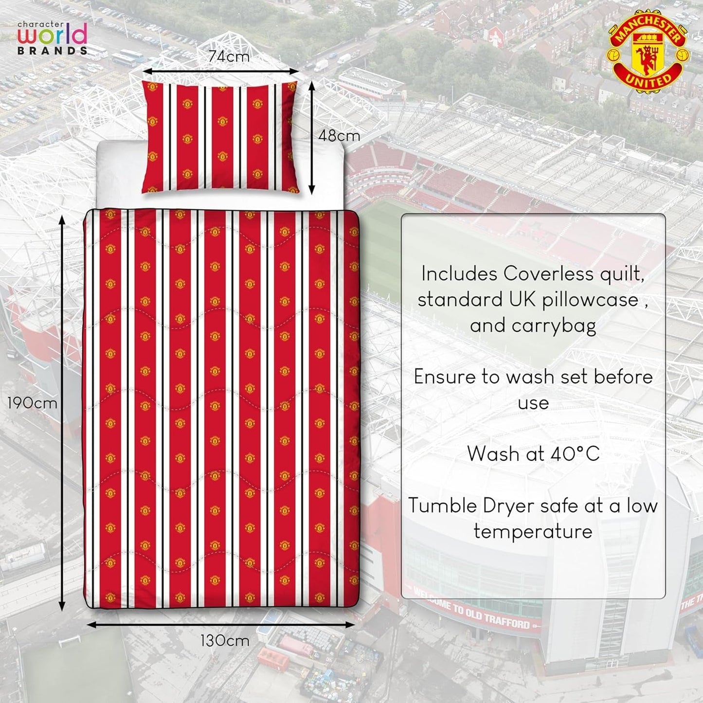 Manchester United FC officiel enkeltdyne, vendbar, rød og hvid, betrækløs, fodbolddyne, pudebetræk, vaskbar, perfekt til rejser, overnatninger, 10,5 Tog dyner og dyner Naty Shop