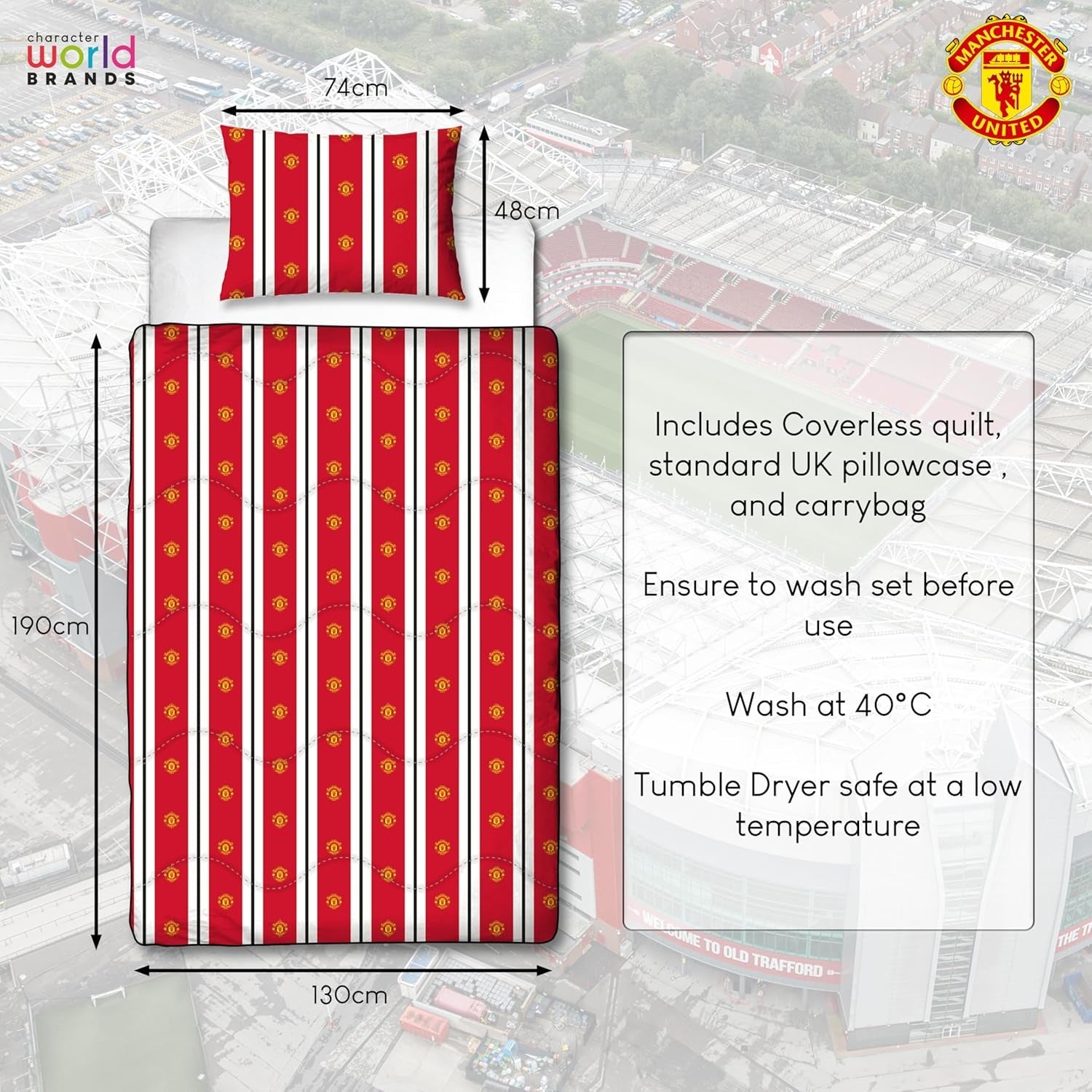 Manchester United FC officiel enkeltdyne, vendbar, rød og hvid, betrækløs, fodbolddyne, pudebetræk, vaskbar, perfekt til rejser, overnatninger, 10,5 Tog dyner og dyner Naty Shop