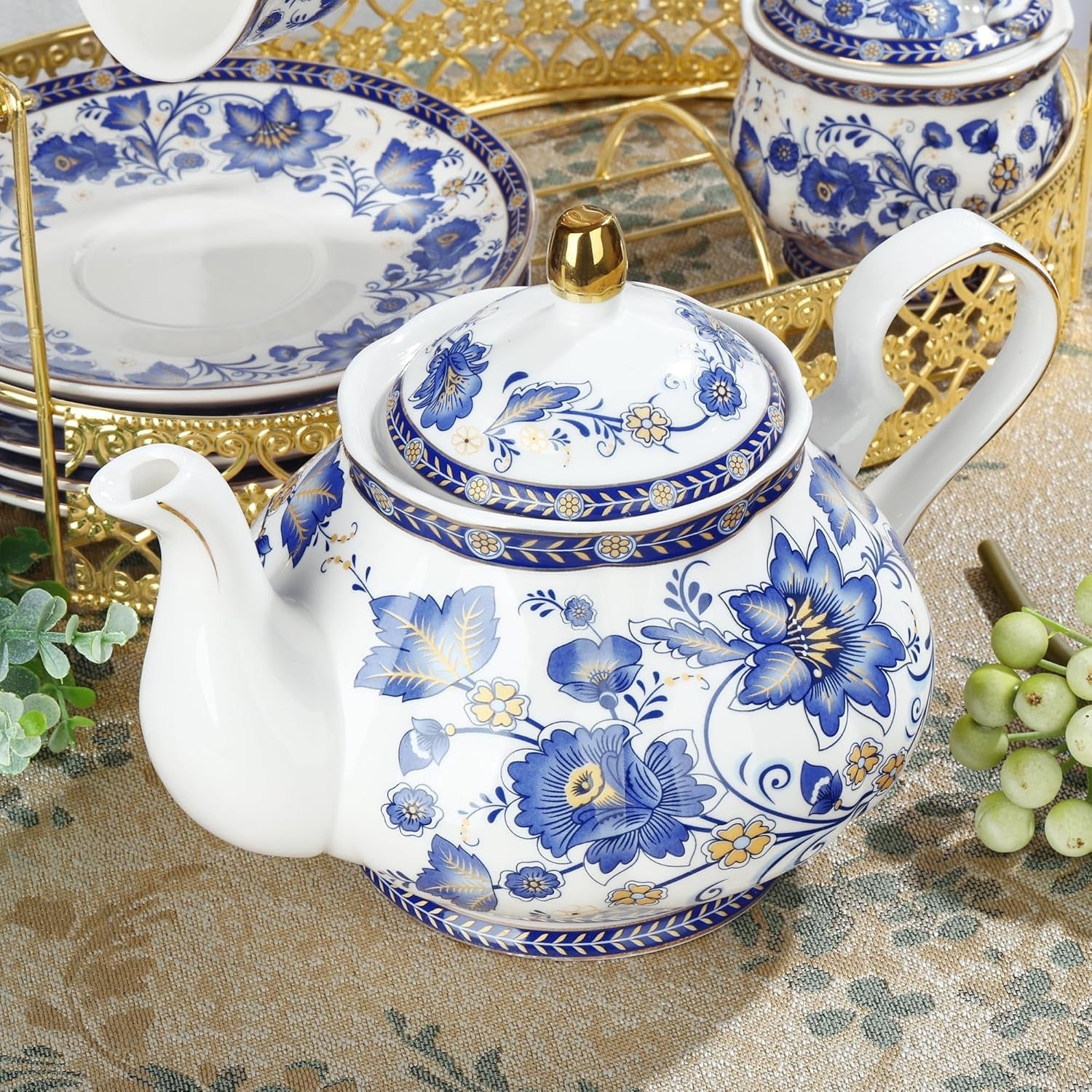Fanquare Blue Flower Porcelæn Tesæt med Metal Stand Vintage Porcelæn Kaffekop og Underskål Engelsk Kaffesæt til voksne