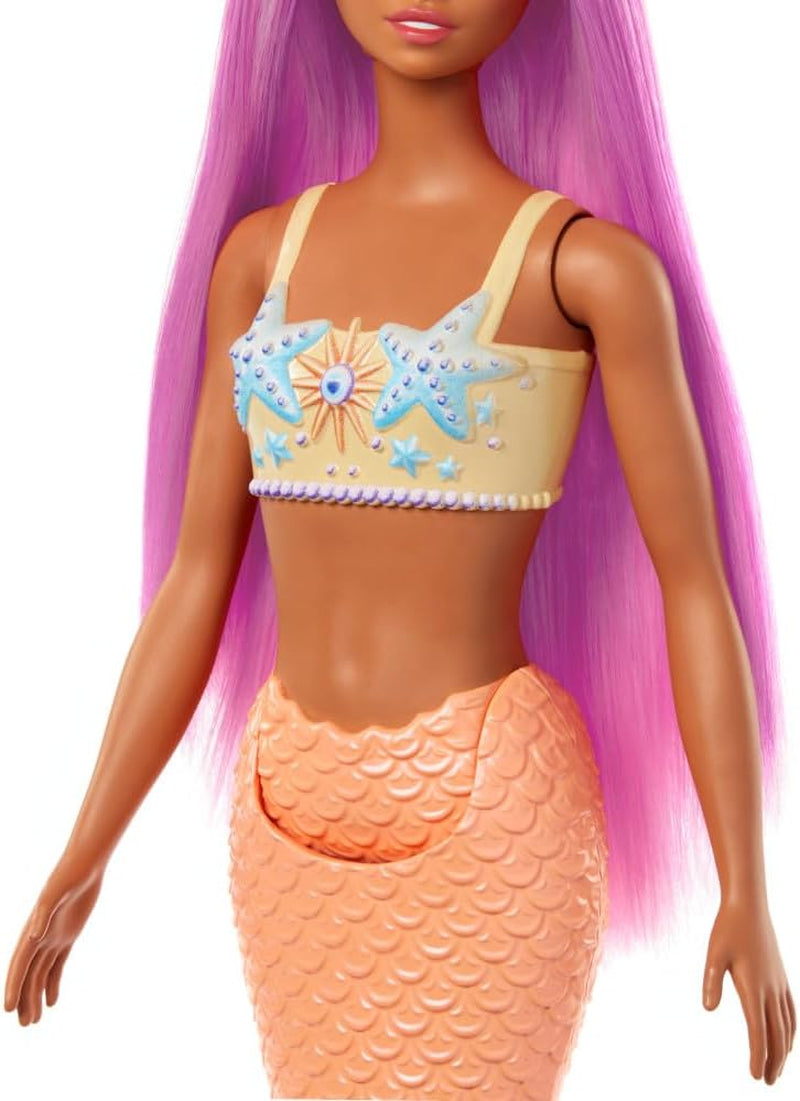 Havfrue Barbie-dukke med fancy lyserødt hår og pandebånd, søstjernehoveddukke og blød orange halefinne, HRR05