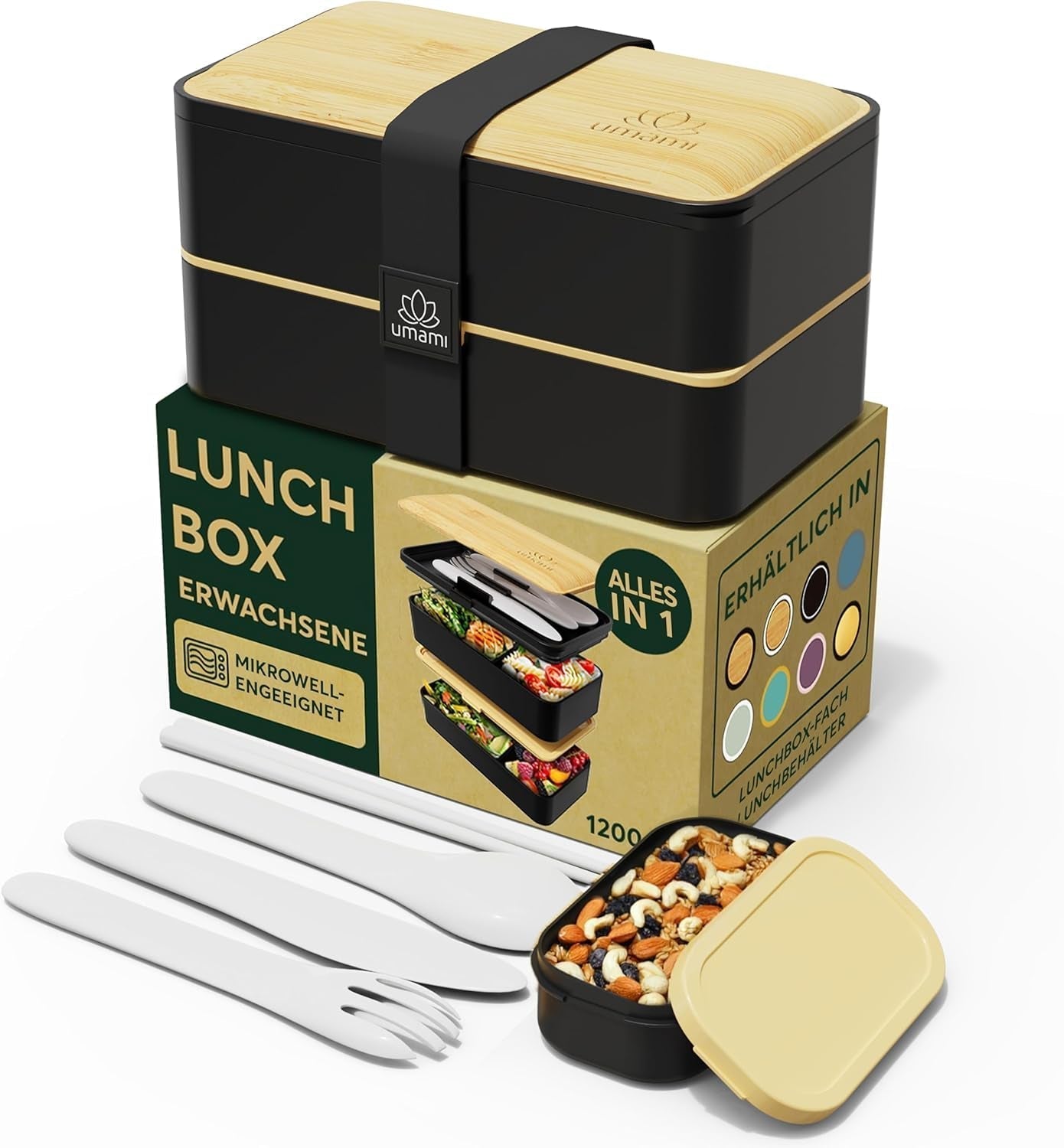 Umami madpakke til voksne, stabelbar Bento-boks med 4 bestik og rum, madpakke til voksne, to-go salatbeholder, Picnic/kontor madpakke, koksgrå, 1500 ml Naty Shop madopbevaringsbokse Sort Beige L - 1200 ml