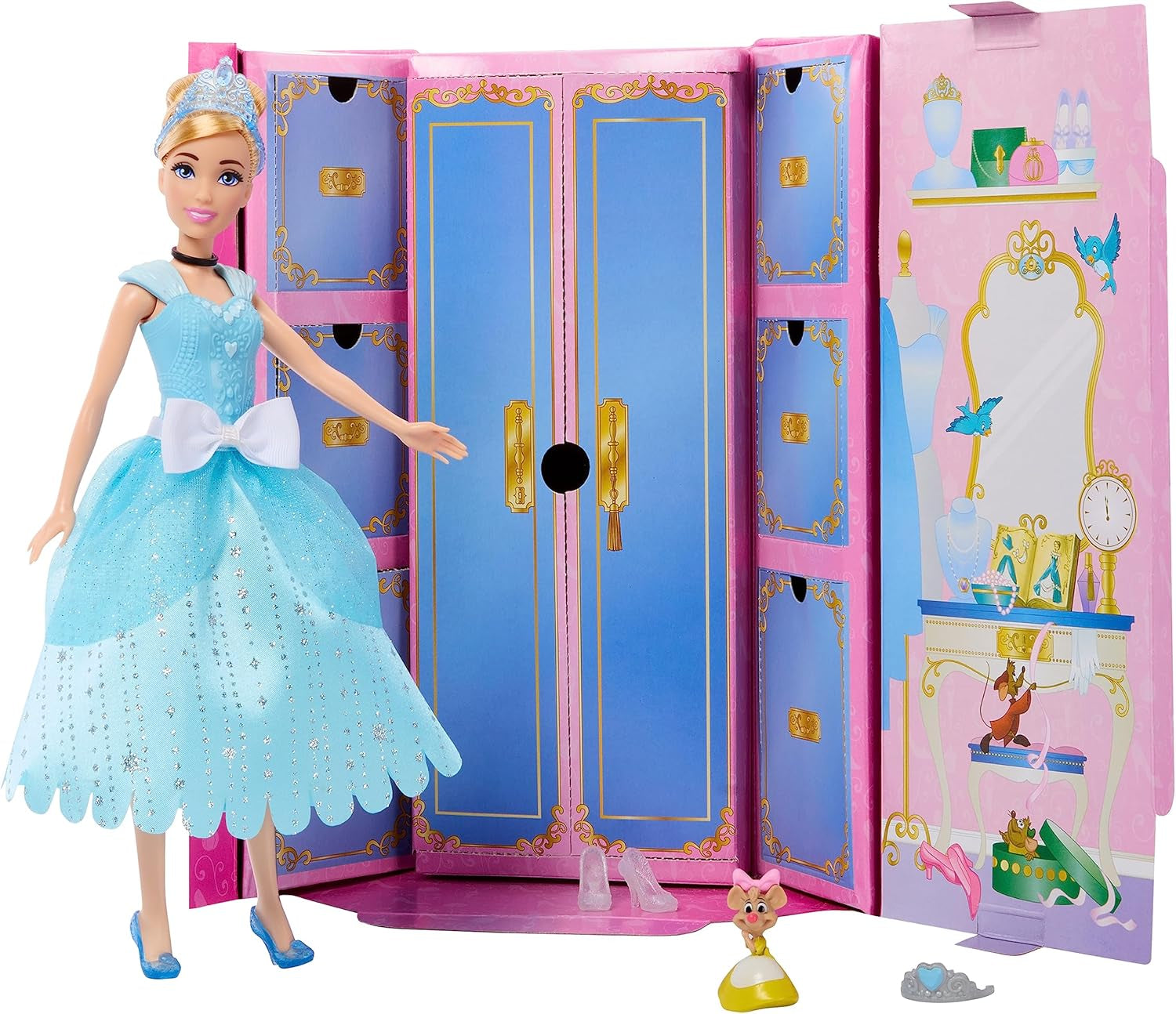 Mattel DISNEY Princess Askepot - Bevægelig dukke med glitrende outfit, aftagelige sko og tiara, kambart hår til frisørsjov, til børn fra 3 år og opefter, HLW06 Naty Shop Dolls Askepot dukke modesæt
