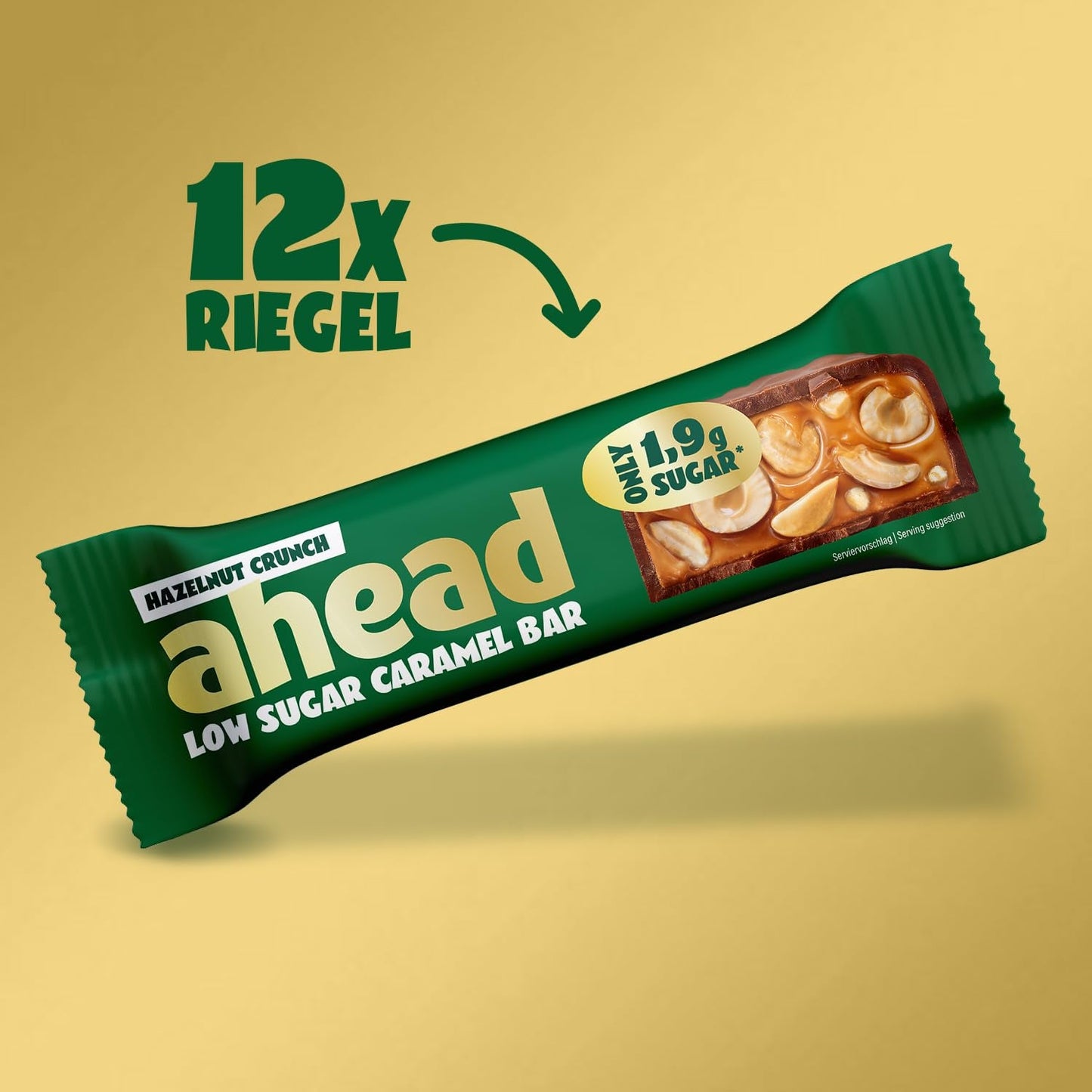 Karamel- og hasselnøddechokoladebarer forude | 12 chokoladebarer x 35 g uden tilsat sukker | 1,9 g sukker pr. bar | Sprød hasselnød og karamel smag | Low Carb slik | Ingen palmeolie