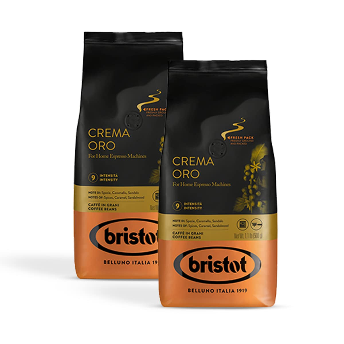 Bristot, Kaffeebohnen CREMA ORO – I alt 1 kg – Mischung mit intensivem Aroma, süßem Geschmack, Gewürzen, Caramel, Sandelholznoten – Sæt med 2 pro 500 g