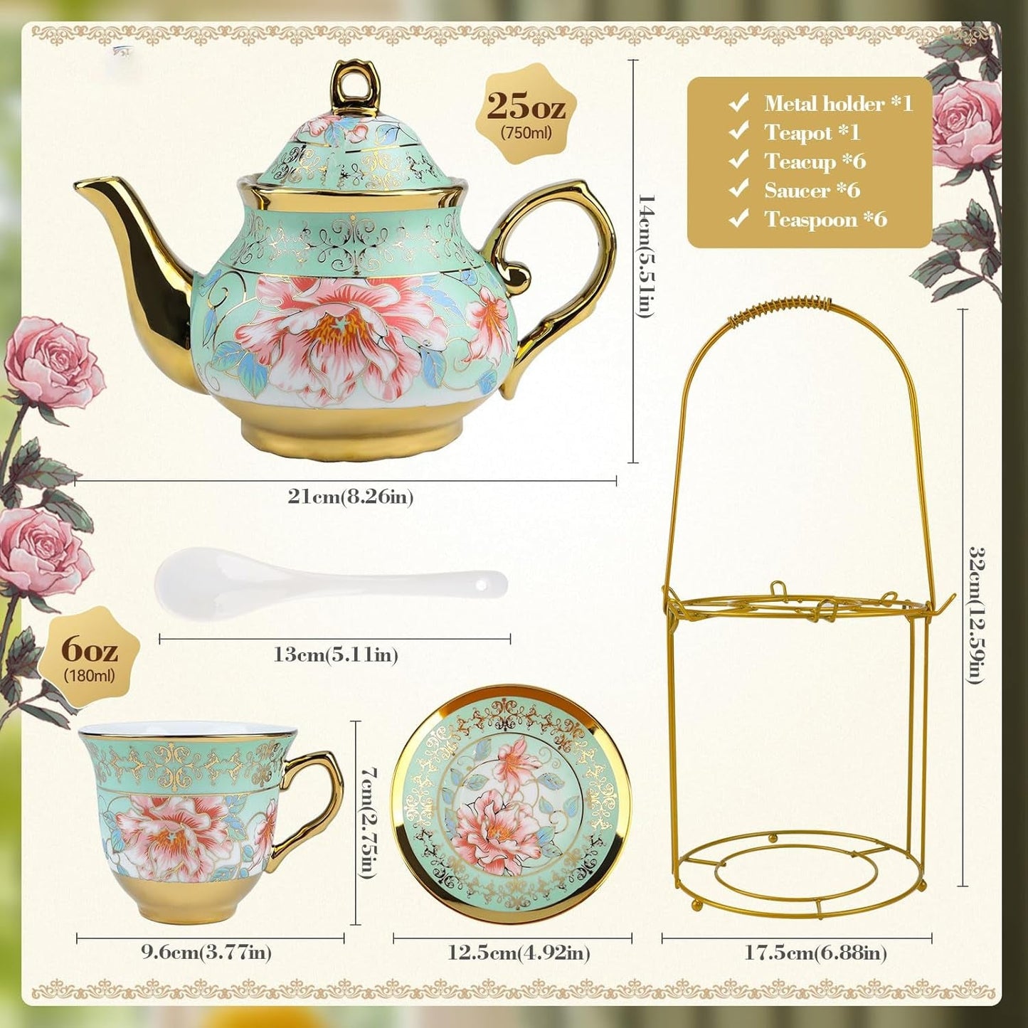 Keramisk tesæt med metalstativ, 20 stykker vintage blomstermønster porcelæn tesæt, tesæt i europæisk stil til 6, 160 ml keramisk tekop, 700 ml tekande, til fester