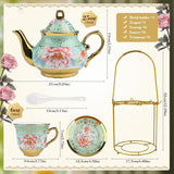Keramisk tesæt med metalstativ, 20 stykker vintage blomstermønster porcelæn tesæt, tesæt i europæisk stil til 6, 160 ml keramisk tekop, 700 ml tekande, til fester
