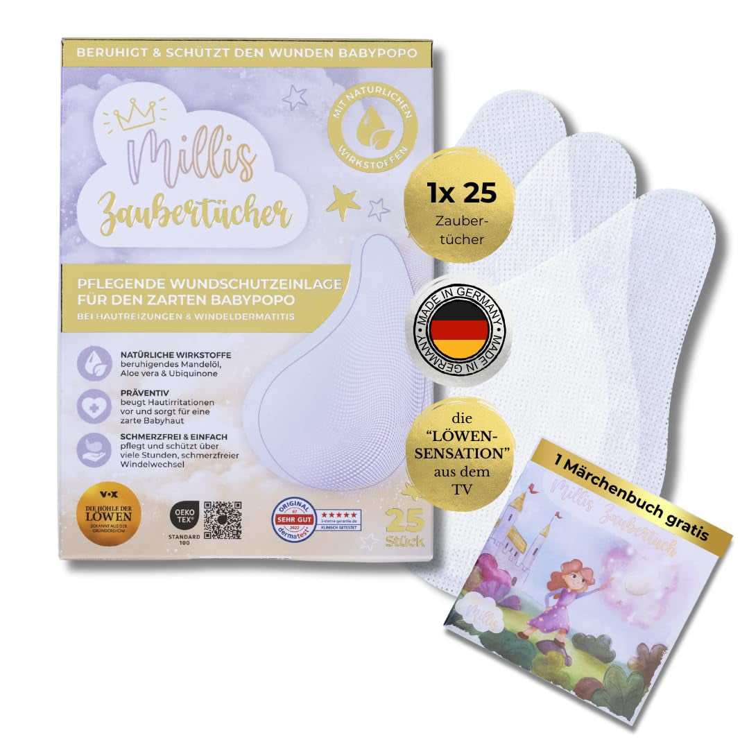Millis Zaubertücher hos Windeldermatitis Baby, Bekannt aus "Die Höhle der Löwen", 25 Tücher (1 x 25er) mit Aloe Vera, Mandelöl & Q10 - Pflegt, Schützt & dient als Wundschutz bei gereizter Haut