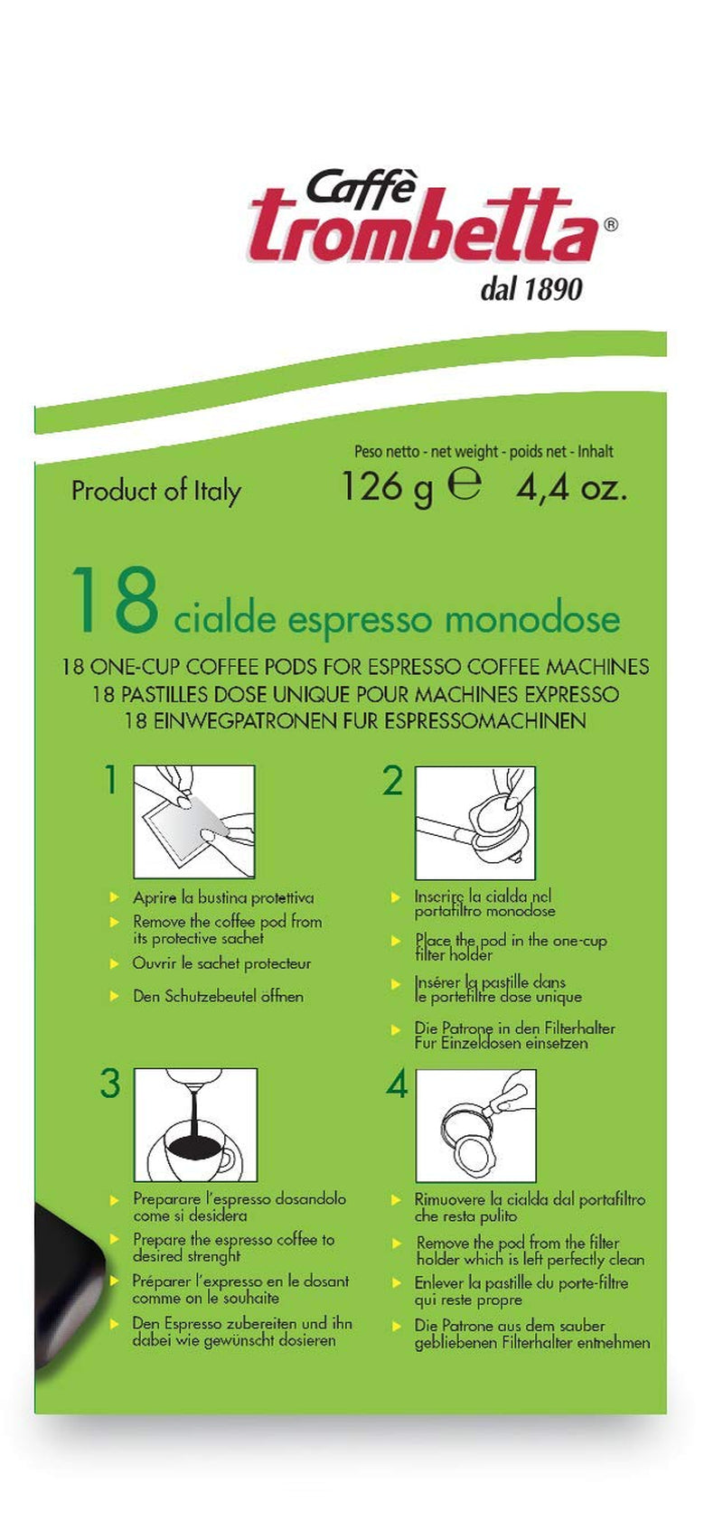 Caffè Trombetta ESE Kaffeepads, Italien Kaffee, Richhaltiges Aroma og samtiger Gesmack Biologisch - 1 Packungen zu je 18 Kaffeepads