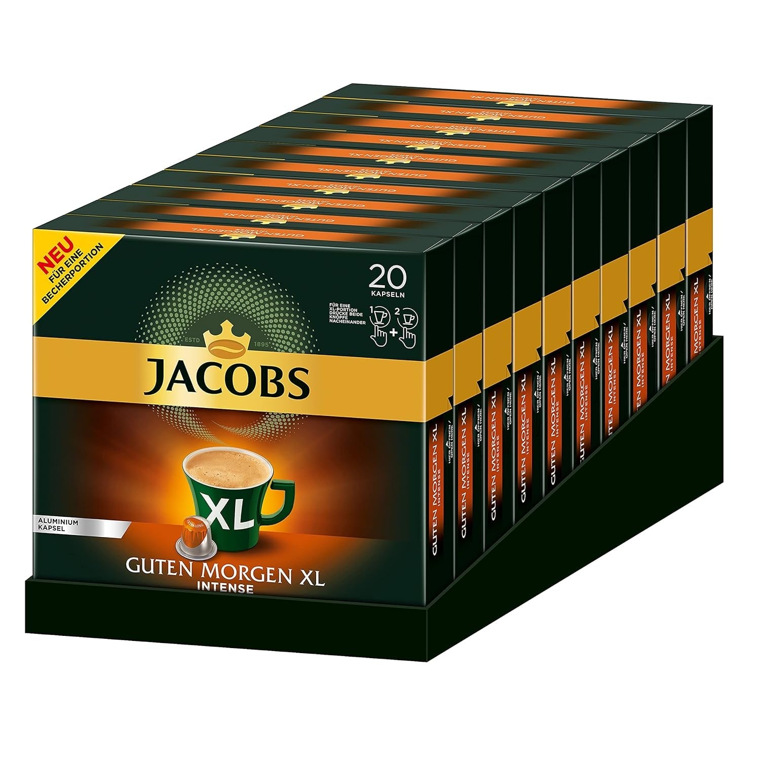 Jacobs Kaffeekapseln Guten Morgen XL Intense - 10er Pack (10 x 20 Getränke) & Kaffeekapseln Lungo Intenso, Intensität 8 af 12, 200 Nespresso®* kompatibel Kapseln, 10 x 20 Getränke