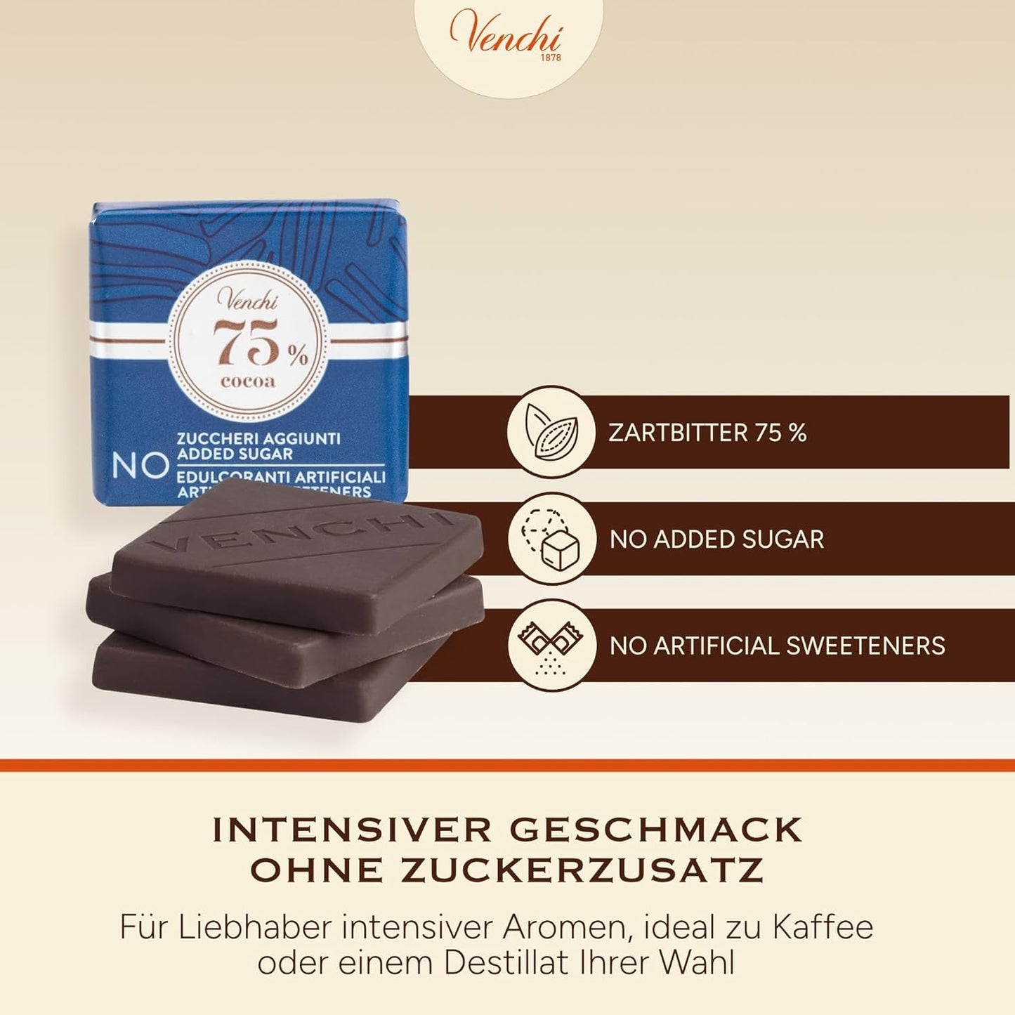 Venchi – Granblend Extra Black 75 % INGEN tilsat sukker, 1 kg – INGEN kunstige sødestoffer – Glutenfri – Vegansk