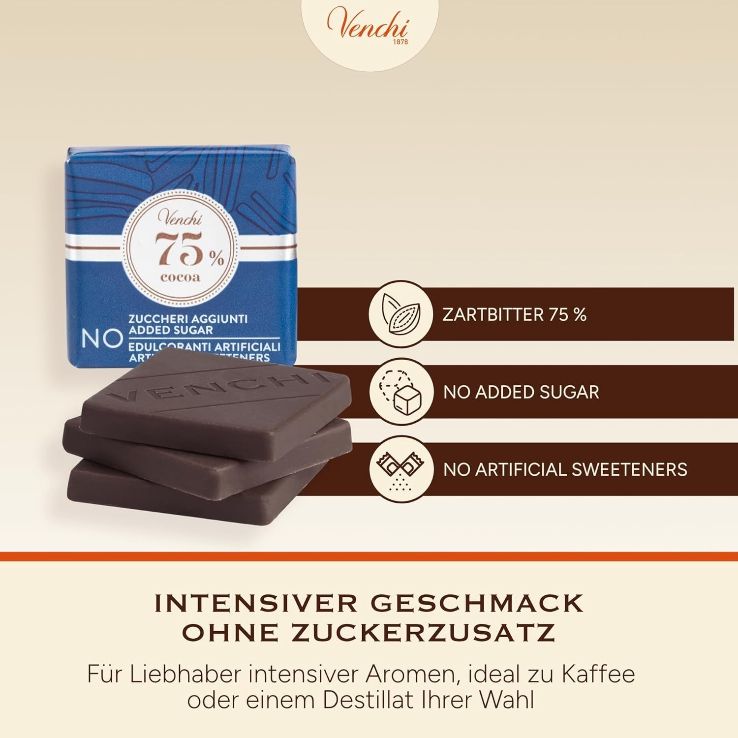 Venchi – Granblend Extra Black 75 % INGEN tilsat sukker, 1 kg – INGEN kunstige sødestoffer – Glutenfri – Vegansk
