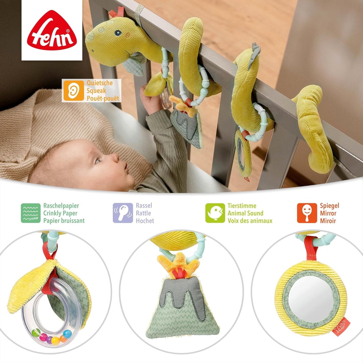 Fehn Activity Spiral Dino - skub og træk klapvognslegetøj - babydinosaurlegetøj til seng, legeplads, barnevogn og autostol - motorisk aktivitetslegetøj til babyer og småbørn fra 0+ måneder Babylegetøj Naty Shop