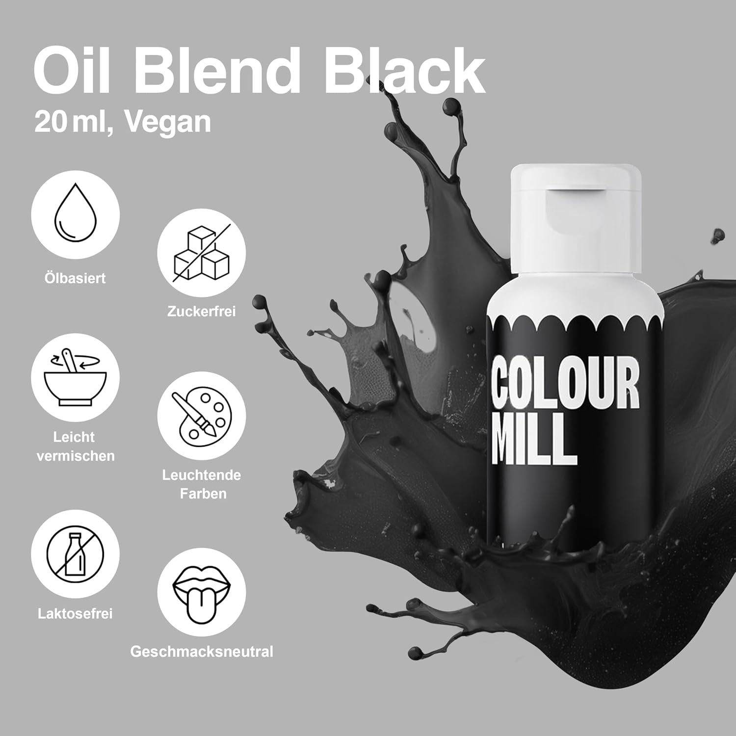 Color Mill Liquid Food Coloring Set - 5 x 20 ml oliebaseret (sort, varm rosa, lilla, rød og blå) - UV-resistent - Perfekt til bagning og som topping til kager, muffins og kagepynt