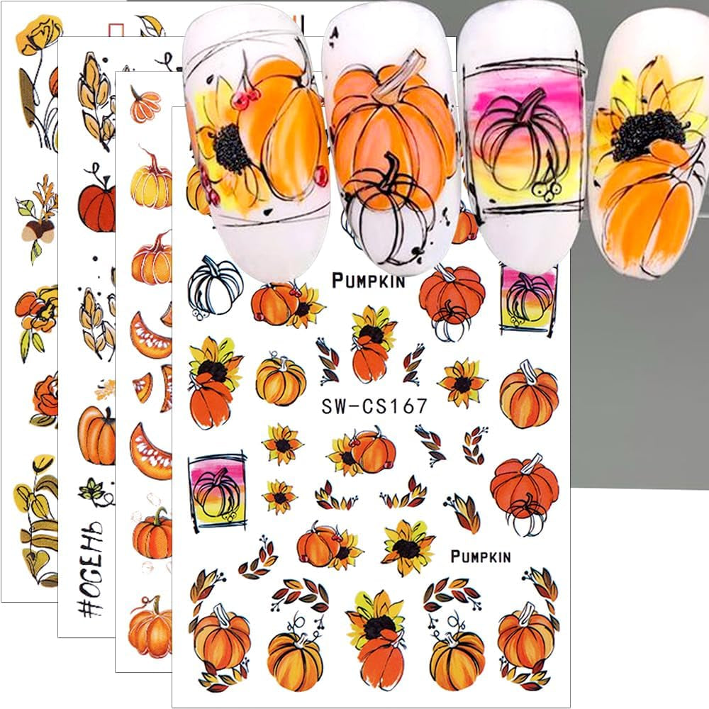 3D Autumn Nail Stickers Græskarblade Negle Stickers Geometrisk linje Blomster Negle Stickers Thanksgiving Day Design Negle Stickers Efterår Pumpkin Nail Stickers Negletilbehør Negle Art
